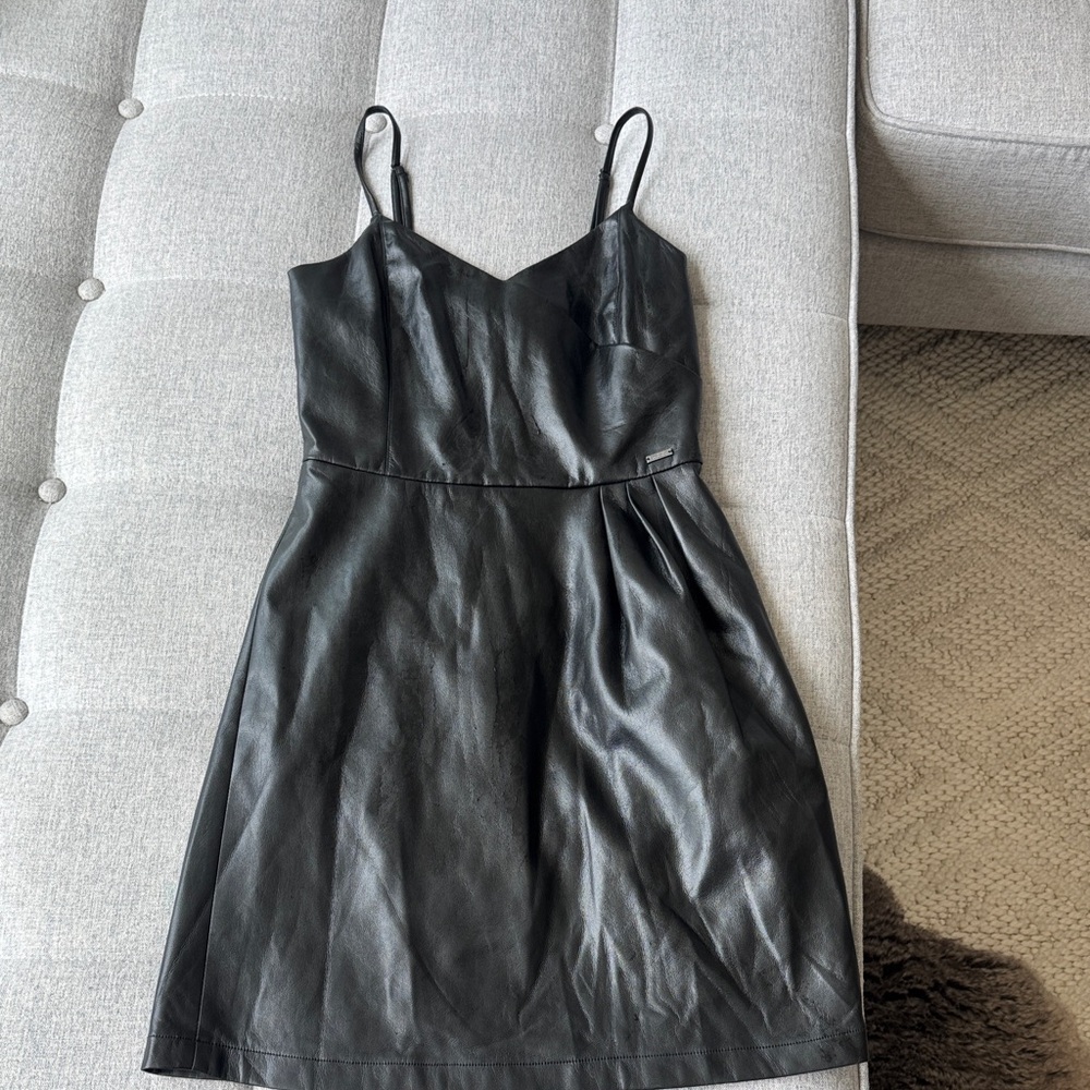Armani Exchange Black Faux Leather Mini Dress with Spaghetti Straps